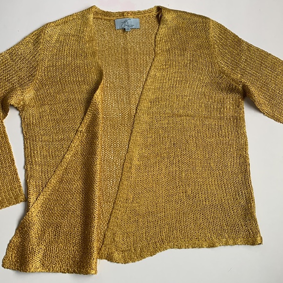 JOAN VASS Open Knit 3/4 Sleeve Cardigan Gold Metallic Size Small - Picture 2 of 8